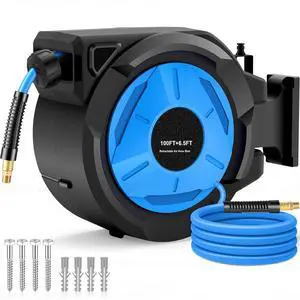 Retractable Air Hose Reel 100FT + 6.5FT, Heavy Duty 3/8" x 100FT Hybrid Air Compressor Hose Reel, Automatic Rewind, 300PSI Wall Mount Hose Reel with Brass Fittings for Garage Workshop Retractable Air Hose Reel 100FT + 6.5FT, Heavy Duty 3/8" x 100FT Hybrid Air Compressor Hose Reel, Automatic Rewind, 300PSI Wall Mount Hose Reel with Brass Fittings for Garage Workshop