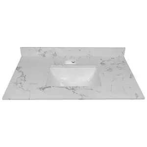 31 Inch Marble Vanity Top with Undermounted Rectangular Ceramic Sink & Backsplash, Carrara White Engineered Stone Countertop Vanity Sink Top for Bathroom 1 Pre-Drilled Hole 31 Inch Marble Vanity Top with Undermounted Rectangular Ceramic Sink & Backsplash, Carrara White Engineered Stone Countertop Vanity Sink Top for Bathroom 1 Pre-Drilled Hole