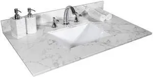 31 Inch Marble Vanity Top with Undermounted Rectangular Ceramic Sink & Backsplash, White Carrara Engineered Stone Countertop Vanity Sink Top for Bathroom 3 Pre-Drilled Hole 31 Inch Marble Vanity Top with Undermounted Rectangular Ceramic Sink & Backsplash, White Carrara Engineered Stone Countertop Vanity Sink Top for Bathroom 3 Pre-Drilled Hole
