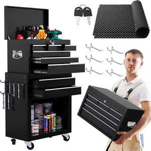 8-Drawer Rolling Tool Chest 2-in-1 Lockable Tool Box with Wheels, Sliding Drawers & Detachable Top Garage & Workshop Storage Cabinet, Black 8-Drawer Rolling Tool Chest 2-in-1 Lockable Tool Box with Wheels, Sliding Drawers & Detachable Top Garage & Workshop Storage Cabinet, Black