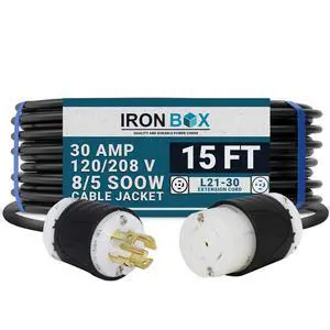 IronBox Electric - L21-30 Extension Cord - 8/5 SOOW Cable Jacket, 30A Rated, 120/208V (3-Phase) - Ideal for Transfer Switches, Data Centers, Industrial Settings, and High-Powered Applications(15 ft) IronBox Electric - L21-30 Extension Cord - 8/5 SOOW Cable Jacket, 30A Rated, 120/208V (3-Phase) - Ideal for Transfer Switches, Data Centers, Industrial Settings, and High-Powered Applications(15 ft)