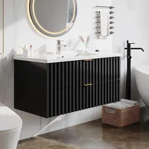 Bathroom Vanity with Sink Combo, Wall Mounted Black Fluted Cabinet with 2 Golden Metal Handle Drawers, Modern Floating Bathroom Cabinet with Ceramic Integrated Sink (36", Black) Bathroom Vanity with Sink Combo, Wall Mounted Black Fluted Cabinet with 2 Golden Metal Handle Drawers, Modern Floating Bathroom Cabinet with Ceramic Integrated Sink (36", Black)
