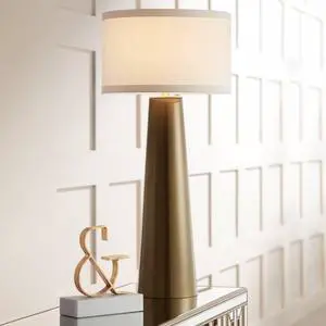 Karen Modern Table Lamp 36" Tall with USB Dimmer Dark Gold Glass Column Off White Fabric Drum Shade for Bedroom Living Room House Bedside Nightstand Home Office Entryway Family Karen Modern Table Lamp 36" Tall with USB Dimmer Dark Gold Glass Column Off White Fabric Drum Shade for Bedroom Living Room House Bedside Nightstand Home Office Entryway Family