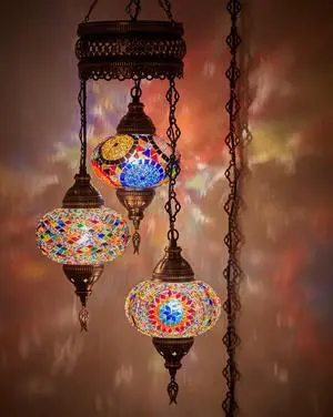 Plug-in Turkish Hanging Lamp, Handmade Moroccan Mosaic Chandelier Pendant Light Fixture with 15-ft Cord & Chain, Decorative Ceiling Lamp for Living Room, Bedroom, 3 Large 7'' Globes, 3.5 ft Plug-in Turkish Hanging Lamp, Handmade Moroccan Mosaic Chandelier Pendant Light Fixture with 15-ft Cord & Chain, Decorative Ceiling Lamp for Living Room, Bedroom, 3 Large 7'' Globes, 3.5 ft