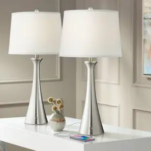 Karl 27 1/2" Tall Set of 2 Modern Table Lamps with USB Charging Ports A+C and AC Power Outlet Brushed Nickel White Drum Shade Bedroom Living Room House Home Bedside Nightstand Office Karl 27 1/2" Tall Set of 2 Modern Table Lamps with USB Charging Ports A+C and AC Power Outlet Brushed Nickel White Drum Shade Bedroom Living Room House Home Bedside Nightstand Office