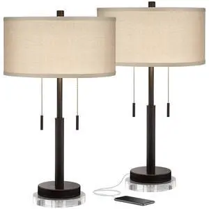 Bernie Modern Industrial Table Lamps Set of 2 with Round Risers USB Ports 26" High Bronze Metal Tan Drum Shade for Bedroom Living Room House Home Desk Bedside Nightstand Office Bernie Modern Industrial Table Lamps Set of 2 with Round Risers USB Ports 26" High Bronze Metal Tan Drum Shade for Bedroom Living Room House Home Desk Bedside Nightstand Office