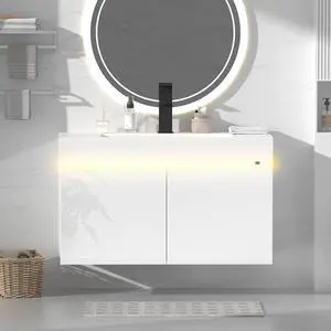 30 inch Bathroom Vanity W/Sink Combo, High Gloss Bathroom Cabinet, Smart Wall Mounted Sink Cabinet Auto Motion Sensor LED Light, Modern Floating Vanity with Faucet 30 inch Bathroom Vanity W/Sink Combo, High Gloss Bathroom Cabinet, Smart Wall Mounted Sink Cabinet Auto Motion Sensor LED Light, Modern Floating Vanity with Faucet