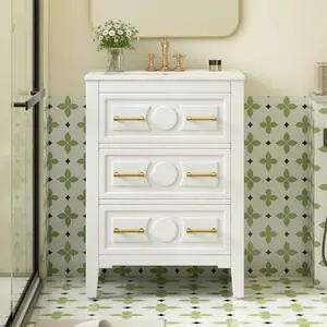 24" Bathroom Vanity with Sink Top, 3-Drawer Bathroom Vanity Storage Cabinet with Gold Pulls, Tip-Out Drawer, Solid Wood Frame Bath Storage Vanity with Ceramic Sink 24" Bathroom Vanity with Sink Top, 3-Drawer Bathroom Vanity Storage Cabinet with Gold Pulls, Tip-Out Drawer, Solid Wood Frame Bath Storage Vanity with Ceramic Sink
