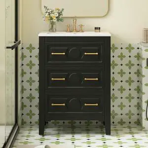 24" Bathroom Vanity with Sink Top, 3-Drawer Bathroom Vanity Storage Cabinet with Gold Pulls, Tip-Out Drawer, Solid Wood Frame Bath Storage Vanity with Ceramic Sink 24" Bathroom Vanity with Sink Top, 3-Drawer Bathroom Vanity Storage Cabinet with Gold Pulls, Tip-Out Drawer, Solid Wood Frame Bath Storage Vanity with Ceramic Sink