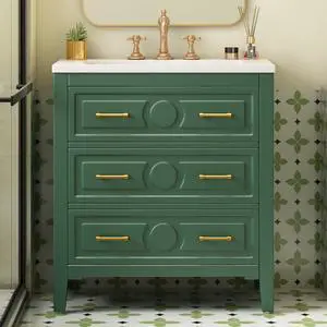 30" Bathroom Vanity with Sink Top, 3-Drawer Bathroom Vanity Storage Cabinet with Gold Pulls, Tip-Out Drawer, Solid Wood Frame Bath Storage Vanity with Ceramic Sink 30" Bathroom Vanity with Sink Top, 3-Drawer Bathroom Vanity Storage Cabinet with Gold Pulls, Tip-Out Drawer, Solid Wood Frame Bath Storage Vanity with Ceramic Sink