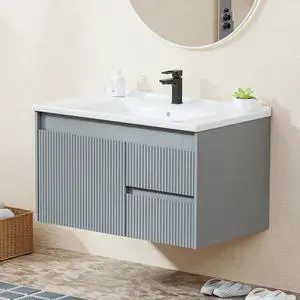 Floating Bathroom Vanity 32 Inch, Wall Mounted Bathroom Vanity with Ceramic Sink and 2 Drawers for Storage, Modern Wave-Carved Design Wooden Sink Cabinet, Grey Floating Bathroom Vanity 32 Inch, Wall Mounted Bathroom Vanity with Ceramic Sink and 2 Drawers for Storage, Modern Wave-Carved Design Wooden Sink Cabinet, Grey