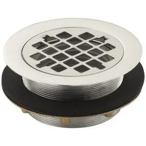 Round shower drain for use with plastic pipe, gasket included Round shower drain for use with plastic pipe, gasket included