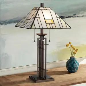 Mission Tiffany Style Table Lamp Art Deco 26.25" High Wrought Iron Dark Bronze Brown Gold White Stained Glass Shade for Living Room Bedroom House Bedside Nightstand Home Office Mission Tiffany Style Table Lamp Art Deco 26.25" High Wrought Iron Dark Bronze Brown Gold White Stained Glass Shade for Living Room Bedroom House Bedside Nightstand Home Office
