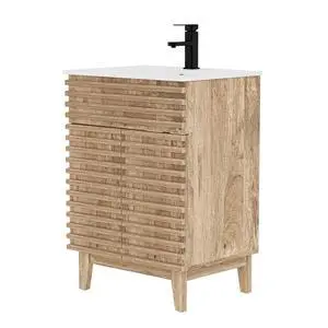 24" Bathroom Vanity with Sink Combo, Mid-Century Storage Cabinet with Wood Stripes, Ceramic Sink and Water Saving Faucet, Walnut 24" Bathroom Vanity with Sink Combo, Mid-Century Storage Cabinet with Wood Stripes, Ceramic Sink and Water Saving Faucet, Walnut