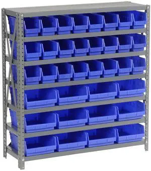 7 Shelf Steel Shelving with (36) 4" H Plastic Shelf Bins, Gray Frame & Blue Bins, 36" W x 12" D x 39" H, Industrial or Commercial Storage, Assembly Required 7 Shelf Steel Shelving with (36) 4" H Plastic Shelf Bins, Gray Frame & Blue Bins, 36" W x 12" D x 39" H, Industrial or Commercial Storage, Assembly Required