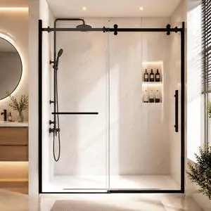 60-60.8" W x 76" H Double Sliding Shower Door, 1/4"(6mm) Tempered Glass with Explosion-Proof Film and Nano Coating, Matte Black Semi-Frameless Shower Door, Stainless Steel Hardware 60-60.8" W x 76" H Double Sliding Shower Door, 1/4"(6mm) Tempered Glass with Explosion-Proof Film and Nano Coating, Matte Black Semi-Frameless Shower Door, Stainless Steel Hardware
