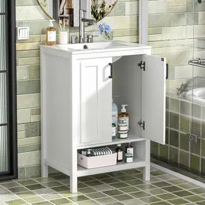 24" Bathroom Vanity with Ceramic Sink, Modern White Bathroom Sink Set with 2 Doors and Open Shelf, Space-Saving Sink Cabinet for Small Bathrooms (Faucet Not Included) 24" Bathroom Vanity with Ceramic Sink, Modern White Bathroom Sink Set with 2 Doors and Open Shelf, Space-Saving Sink Cabinet for Small Bathrooms (Faucet Not Included)