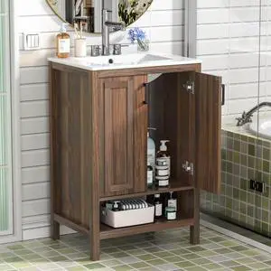 24" Modern Walnut Bathroom Vanity with Ceramic Sink, 2 Doors, Open Shelf, Space-Saving for Small Bathrooms (Faucet Not Included) 24" Modern Walnut Bathroom Vanity with Ceramic Sink, 2 Doors, Open Shelf, Space-Saving for Small Bathrooms (Faucet Not Included)