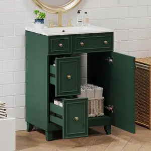24" Bathroom Vanity, Green Sink Vanity, Modern Freestanding Bathroom Cabinet with Ceramic Sink, 2 Drawers, 1 Soft-Close Door 24" Bathroom Vanity, Green Sink Vanity, Modern Freestanding Bathroom Cabinet with Ceramic Sink, 2 Drawers, 1 Soft-Close Door
