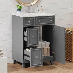 Bathroom Vanity with Sink Combo, Modern Freestanding Bathroom Sink Cabinet with Gold Handles,Bathroom Cabinet with 24 inch Sink, 2 Drawers, 1 Door, Gray Bathroom Vanity with Sink Combo, Modern Freestanding Bathroom Sink Cabinet with Gold Handles,Bathroom Cabinet with 24 inch Sink, 2 Drawers, 1 Door, Gray