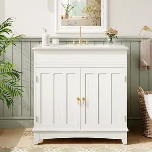 30" Bathroom Vanity with Sink, Freestanding Bathroom Vanity Storage with Fluted Cabinet Doors, Modern Farmhouse Bathroom Sink Cabinet with Door-Mounted Shelves, White 30" Bathroom Vanity with Sink, Freestanding Bathroom Vanity Storage with Fluted Cabinet Doors, Modern Farmhouse Bathroom Sink Cabinet with Door-Mounted Shelves, White