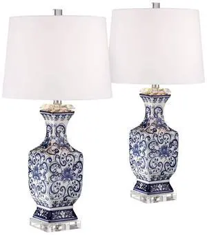 Iris Asian Chinese Jar Style Table Lamps 28" Tall Set of 2 Blue Porcelain Crystal Geneva White Fabric Drum Shade Decor for Living Room Bedroom House Bedside Nightstand Home Iris Asian Chinese Jar Style Table Lamps 28" Tall Set of 2 Blue Porcelain Crystal Geneva White Fabric Drum Shade Decor for Living Room Bedroom House Bedside Nightstand Home