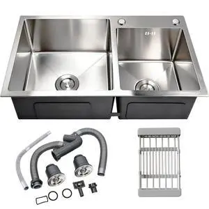 32" x 18" Drop-in/Topmount Double Bowl Kitchen Sink, Nano-Coated 304 Stainless Steel Kitchen Sink with Drain and Overflow 32" x 18" Drop-in/Topmount Double Bowl Kitchen Sink, Nano-Coated 304 Stainless Steel Kitchen Sink with Drain and Overflow