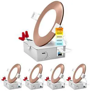 4 Inch Ultra Thin LED Recessed Light with J-Box, 10W, 5 Color Options 2700K | 3000K | 3500K | 4000K | 5000K, Dimmable Wafer Lights, 750 Lumens, Copper Trim, Energy Star, IC Rated (4 Pack) 4 Inch Ultra Thin LED Recessed Light with J-Box, 10W, 5 Color Options 2700K | 3000K | 3500K | 4000K | 5000K, Dimmable Wafer Lights, 750 Lumens, Copper Trim, Energy Star, IC Rated (4 Pack)