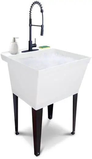 Utility Sink Extra-Deep Laundry Tub in White with High-Arc Coil Pull-Down Sprayer Faucet in Matte Black, Integrated Supply Lines, P-Trap Kit, Heavy Duty Floor Mounted Freestanding Wash Station Utility Sink Extra-Deep Laundry Tub in White with High-Arc Coil Pull-Down Sprayer Faucet in Matte Black, Integrated Supply Lines, P-Trap Kit, Heavy Duty Floor Mounted Freestanding Wash Station