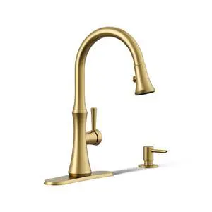 R28706-SD-2MB Kaori Single Handle Kitchen Faucet with Pull Down Sprayer and Soap Dispenser, Vibrant Brushed Moderne Brass R28706-SD-2MB Kaori Single Handle Kitchen Faucet with Pull Down Sprayer and Soap Dispenser, Vibrant Brushed Moderne Brass