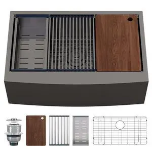 33" x 22" Farmhouse Sink Workstation, 16 Gauge Stainless Steel Apron Front Kitchen Sink, Single Bowl Farm Sink with Cutting Board, Roll-Up Rack, Drying Rack and Drain Assembly 33" x 22" Farmhouse Sink Workstation, 16 Gauge Stainless Steel Apron Front Kitchen Sink, Single Bowl Farm Sink with Cutting Board, Roll-Up Rack, Drying Rack and Drain Assembly