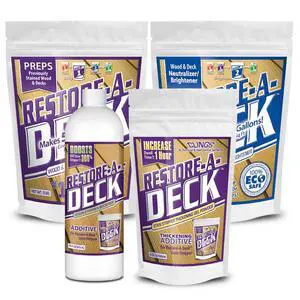 Restore-A-Deck Stain Stripper, Wood Brightener, Booster, Thickening Gel Combo Pac Removes Failed Stains & Weathered Wood Coatings from Decks, Fences & Exterior Wood Deck Restoration Prep Restore-A-Deck Stain Stripper, Wood Brightener, Booster, Thickening Gel Combo Pac Removes Failed Stains & Weathered Wood Coatings from Decks, Fences & Exterior Wood Deck Restoration Prep