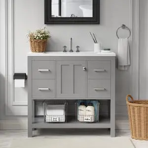 36" Bathroom Vanity with Single Sink, Solid Wood Frame Modern Bathroom Storage Cabinet with 2 Power Outlets, 1 USB / 1 Tybe C Port, Farmhouse Bath Vanity Cabinet with 4 Drawers & Open Shelf,Gray 36" Bathroom Vanity with Single Sink, Solid Wood Frame Modern Bathroom Storage Cabinet with 2 Power Outlets, 1 USB / 1 Tybe C Port, Farmhouse Bath Vanity Cabinet with 4 Drawers & Open Shelf,Gray