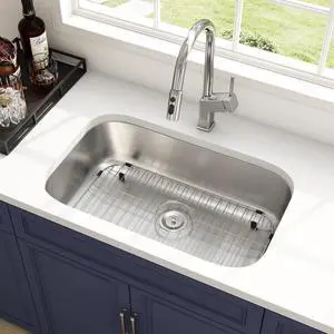 32 Inch Undermount Curved Spacious Single Bowl Kitchen Sink | 304 Stainless Steel, 18 Gauge Thickness, Brushed Satin Finish, Strainer & Grid Included, 32-1/4" x 18-1/2" x 9" 32 Inch Undermount Curved Spacious Single Bowl Kitchen Sink | 304 Stainless Steel, 18 Gauge Thickness, Brushed Satin Finish, Strainer & Grid Included, 32-1/4" x 18-1/2" x 9"