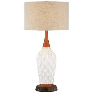 Rocco Mid Century Modern Table Lamp with USB and AC Power Outlet Workstation Charging Base 30" Tall White Ceramic Oak Wood Tan Fabric Drum Shade for Living Room Bedroom House Rocco Mid Century Modern Table Lamp with USB and AC Power Outlet Workstation Charging Base 30" Tall White Ceramic Oak Wood Tan Fabric Drum Shade for Living Room Bedroom House