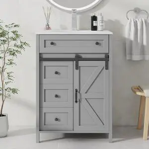 24 Inch Bathroom Vanity with Sink Combo and Sliding Door, Freestanding Bathroom Storage Cabinet with 4 Drawers, Vintage Vanity Cabinet with Ceramic Sink, Faucet, Drain, Light Grey 24 Inch Bathroom Vanity with Sink Combo and Sliding Door, Freestanding Bathroom Storage Cabinet with 4 Drawers, Vintage Vanity Cabinet with Ceramic Sink, Faucet, Drain, Light Grey