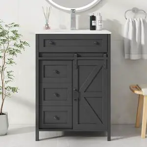 24 Inch Bathroom Vanity with Sink Combo and Sliding Door, Freestanding Bathroom Storage Cabinet with 4 Drawers, Vintage Vanity Cabinet with Ceramic Sink, Faucet, Drain, Grey 24 Inch Bathroom Vanity with Sink Combo and Sliding Door, Freestanding Bathroom Storage Cabinet with 4 Drawers, Vintage Vanity Cabinet with Ceramic Sink, Faucet, Drain, Grey