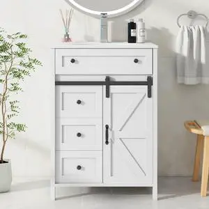 24 Inch Bathroom Vanity with Sink Combo and Sliding Door, Freestanding Bathroom Storage Cabinet with 4 Drawers, Vintage Vanity Cabinet with Ceramic Sink, Faucet, Drain, White 24 Inch Bathroom Vanity with Sink Combo and Sliding Door, Freestanding Bathroom Storage Cabinet with 4 Drawers, Vintage Vanity Cabinet with Ceramic Sink, Faucet, Drain, White