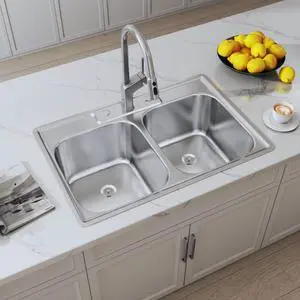33x22 Drop In Double Bowl 33 Inch 50/50 Topmount Kitchen Sink | 304 Stainless Steel, 18 Gauge Thickness, Commercial Grade Satin Finish, Three Holes with Cover, 33" x 22" x 9" 33x22 Drop In Double Bowl 33 Inch 50/50 Topmount Kitchen Sink | 304 Stainless Steel, 18 Gauge Thickness, Commercial Grade Satin Finish, Three Holes with Cover, 33" x 22" x 9"