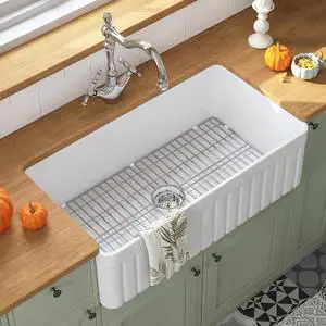 White Farmhouse Sink 33 inch, Fireclay Apron Front Farm Kitchen Sink, Single Bowl Deep Drop-in Undermount Reversible Sinks with Grid & Strainer White Farmhouse Sink 33 inch, Fireclay Apron Front Farm Kitchen Sink, Single Bowl Deep Drop-in Undermount Reversible Sinks with Grid & Strainer