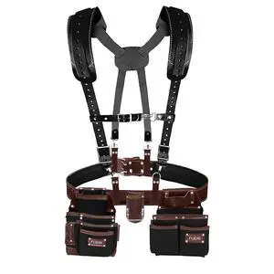Tool Belt for Men made with Heavy Duty 1680-D Double Layer Nylon & Grain Leather comes with Suspender, Adjustable Padded Belt, 19 Pockets pouches, and a Hammer Holder | Framers, Construction Tool Belt for Men made with Heavy Duty 1680-D Double Layer Nylon & Grain Leather comes with Suspender, Adjustable Padded Belt, 19 Pockets pouches, and a Hammer Holder | Framers, Construction