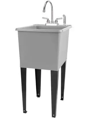 Grey Space Saver Utility Sink by, Freestanding Tehila Space Saving Laundry Tub, Chrome Gooseneck Faucet with Side Sprayer Grey Space Saver Utility Sink by, Freestanding Tehila Space Saving Laundry Tub, Chrome Gooseneck Faucet with Side Sprayer