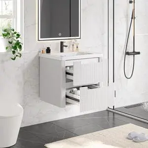 Modern Bathroom Vanity with Sink Combo, Curved Floating Bath Vanity with 2 Drawers, Wall Mount Bathroom Vanities with Integrated Ceramic Sink for Small Space, Apartment (White, 24") Modern Bathroom Vanity with Sink Combo, Curved Floating Bath Vanity with 2 Drawers, Wall Mount Bathroom Vanities with Integrated Ceramic Sink for Small Space, Apartment (White, 24")