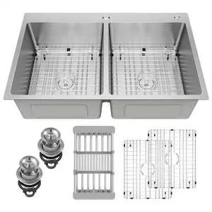 33" x 22" x 9" Drop-In Double Bowl Kitchen Sink, Topmount Stainless Steel with Satin Finish, Soundproofing & Protective Bottom Grid 33" x 22" x 9" Drop-In Double Bowl Kitchen Sink, Topmount Stainless Steel with Satin Finish, Soundproofing & Protective Bottom Grid