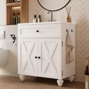30 Inch Bathroom Vanity with Sink Easy-to-Install Farmhouse Bathroom Sink 2-Tier Storage Areas with Adjustable Shelves 4-Tier Storage Compartments Tip-Out Drawer 2 Hooks Solid Wood Legs 30 Inch Bathroom Vanity with Sink Easy-to-Install Farmhouse Bathroom Sink 2-Tier Storage Areas with Adjustable Shelves 4-Tier Storage Compartments Tip-Out Drawer 2 Hooks Solid Wood Legs
