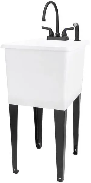 Space Saver Utility Sink by, Gooseneck Faucet with Side Sprayer (White Tub, Black Faucet) Space Saver Utility Sink by, Gooseneck Faucet with Side Sprayer (White Tub, Black Faucet)