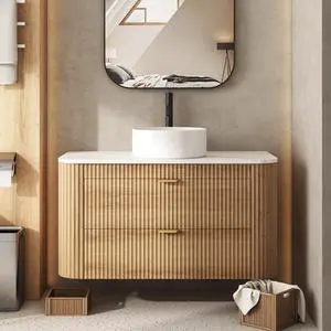 36 Inch Floating Bathroom Vanity with Sink Combo, Wall Mounted Vanity with Marble Look Wooden Countertop & Ceramic Sink, Modern Fluted Cabinet with 2 Storage Drawers, Natural Wood Grain 36 Inch Floating Bathroom Vanity with Sink Combo, Wall Mounted Vanity with Marble Look Wooden Countertop & Ceramic Sink, Modern Fluted Cabinet with 2 Storage Drawers, Natural Wood Grain