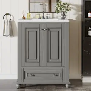 24" Bathroom Vanity with Ceramic Sink Combo, Freestanding Bathroom vanities Storage Cabinet with 2 Doors & 1 Drawer, Solid Wooden Frame & Coated Surface, Metal Handle (Grey, 24 Inch) 24" Bathroom Vanity with Ceramic Sink Combo, Freestanding Bathroom vanities Storage Cabinet with 2 Doors & 1 Drawer, Solid Wooden Frame & Coated Surface, Metal Handle (Grey, 24 Inch)