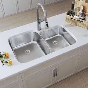 32 Inch Undermount 60/40 Stainless Steel Double Bowl Kitchen Sink | 304 Stainless Steel, 18 Gauge Thickness, Commercial Grade Satin Finish, Basket Strainer Included, 32" x 20-7/8" x 9" 32 Inch Undermount 60/40 Stainless Steel Double Bowl Kitchen Sink | 304 Stainless Steel, 18 Gauge Thickness, Commercial Grade Satin Finish, Basket Strainer Included, 32" x 20-7/8" x 9"