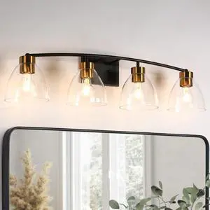 Bathroom Light Fixtures, 4-Light Black and Plating Brass Vanity Lights for Bathroom, 32.3 Large Modern Bathroom Lighting Lights Over Mirror with Clear Glass Shade Bathroom Light Fixtures, 4-Light Black and Plating Brass Vanity Lights for Bathroom, 32.3 Large Modern Bathroom Lighting Lights Over Mirror with Clear Glass Shade